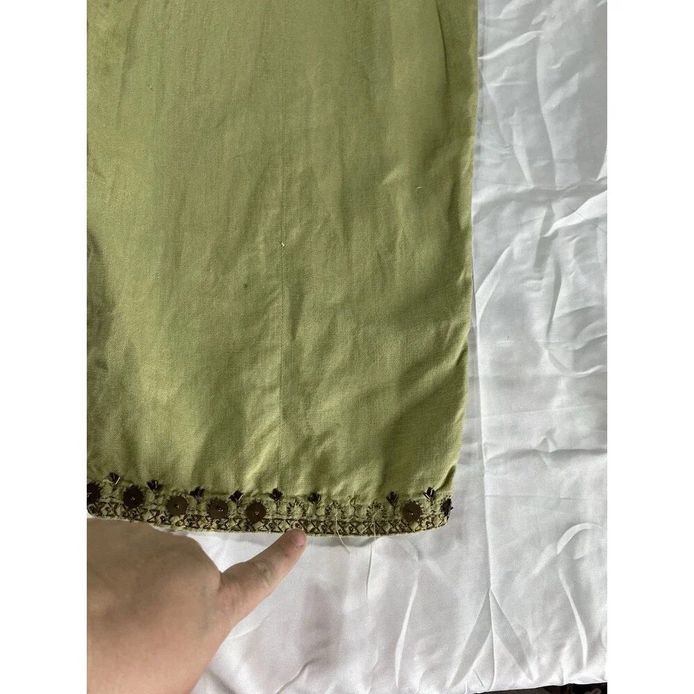 JM Collection Pants Size 16 100% Linen Green Beaded Embellished Leg Hem Pockets